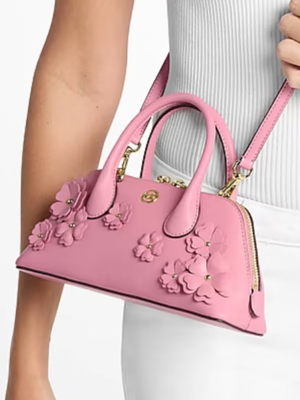 Michael Kors Pink Floral Applique Satchel Handbag Crossbody - Picture 5 of 5